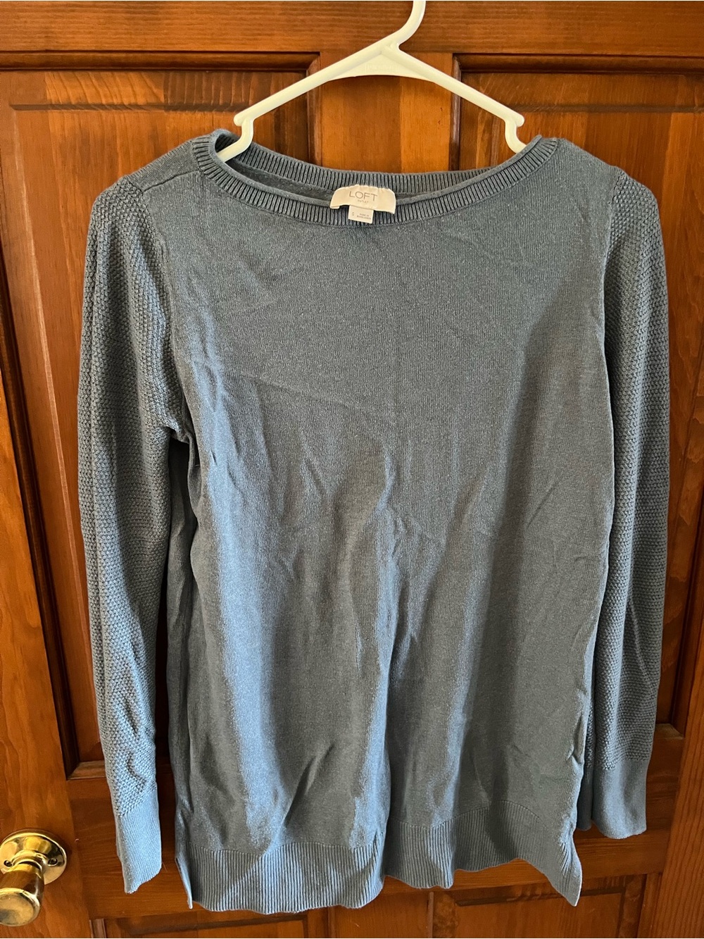 LOFT Women's Slate Blue Crewneck Sweater with Textured Sleeves